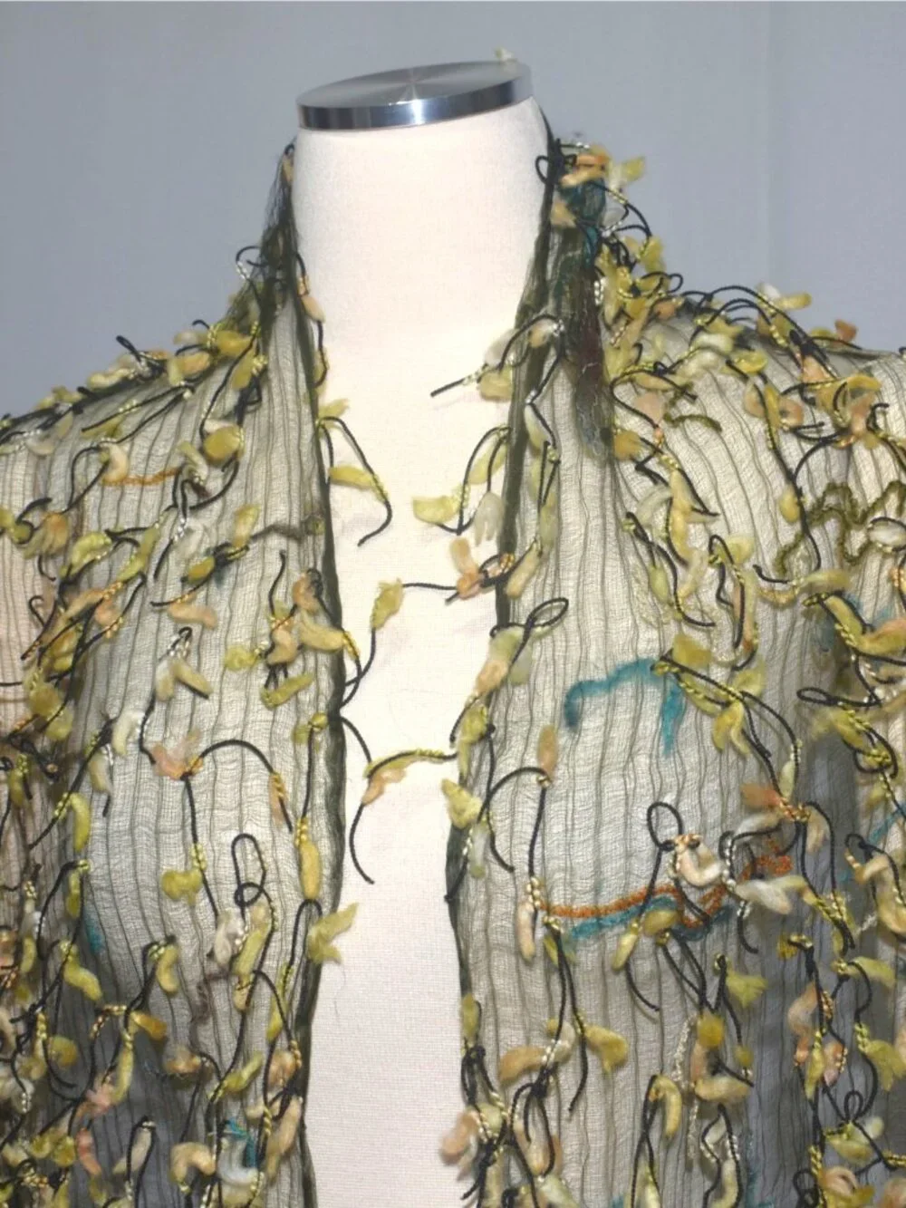 Vintage Fleurs Fiber Wearable Art Rectangle Sheer Web Scarf Fringe Pieces Silk